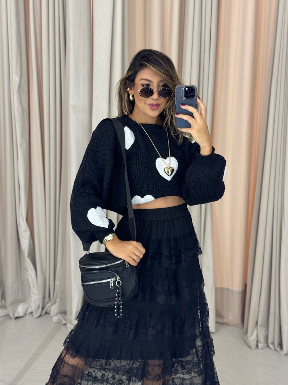 TRICOT CORAÇÕES PRETO