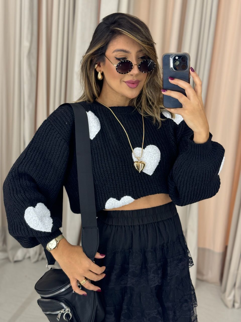 TRICOT CORAÇÕES PRETO - 0050240032 - CAROLLA FERRARO