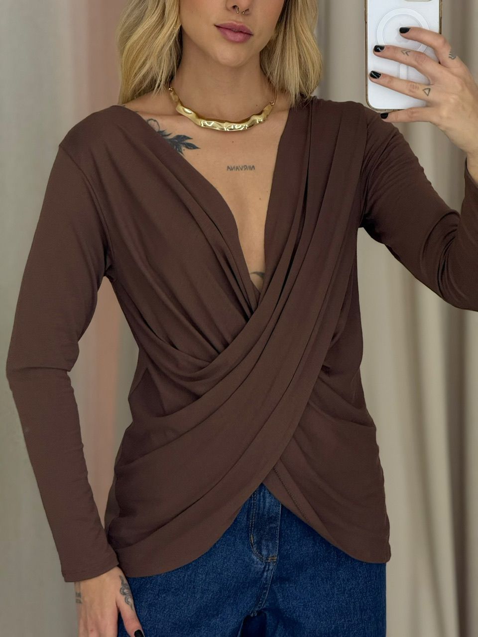 BLUSA THAYLA MANGA LONGA MARROM