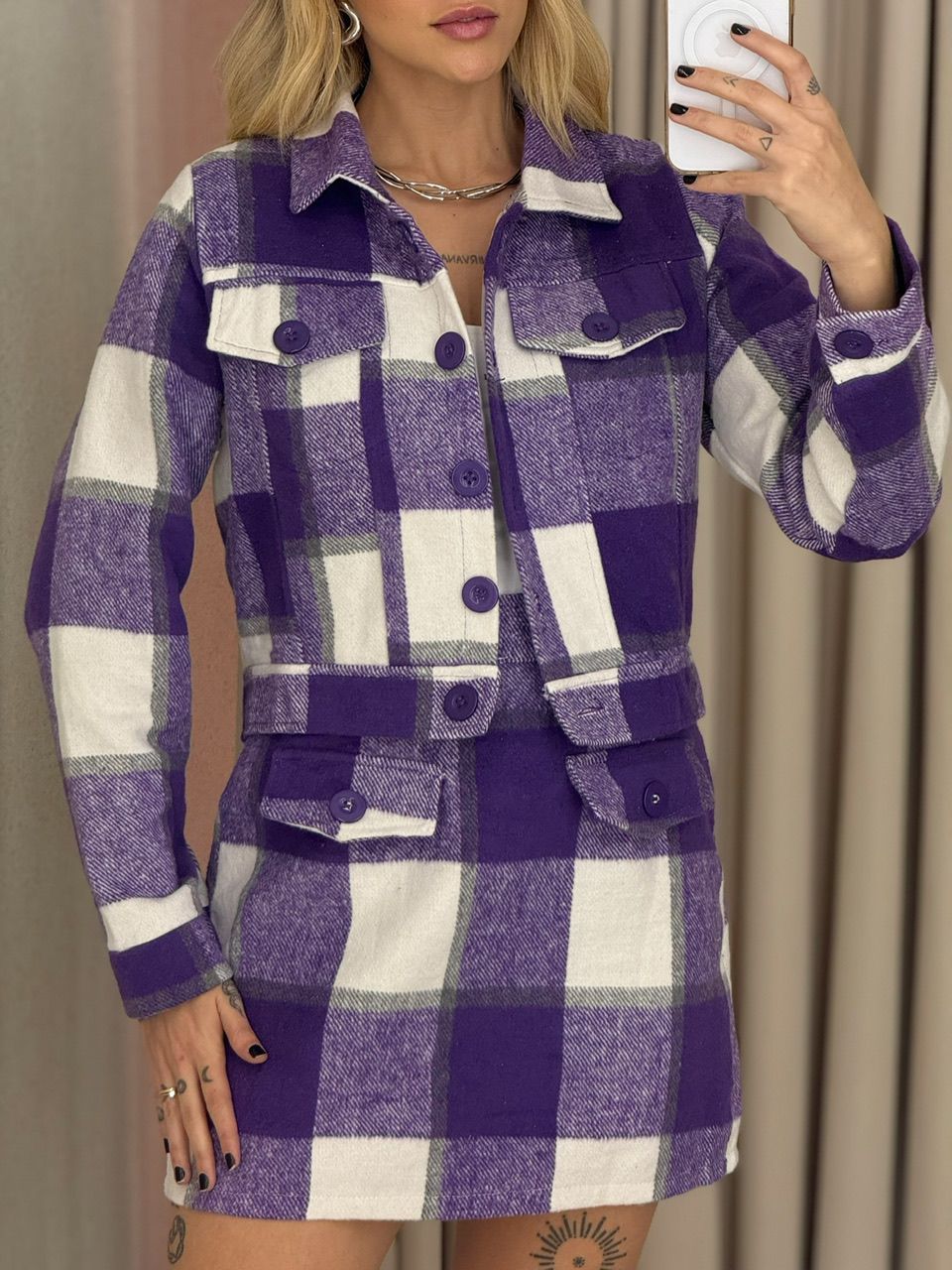 CONJUNTO CLEIDE XADREZ ROXO