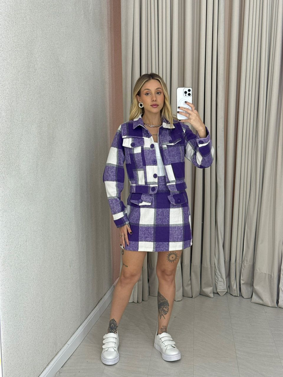 CONJUNTO CLEIDE XADREZ ROXO