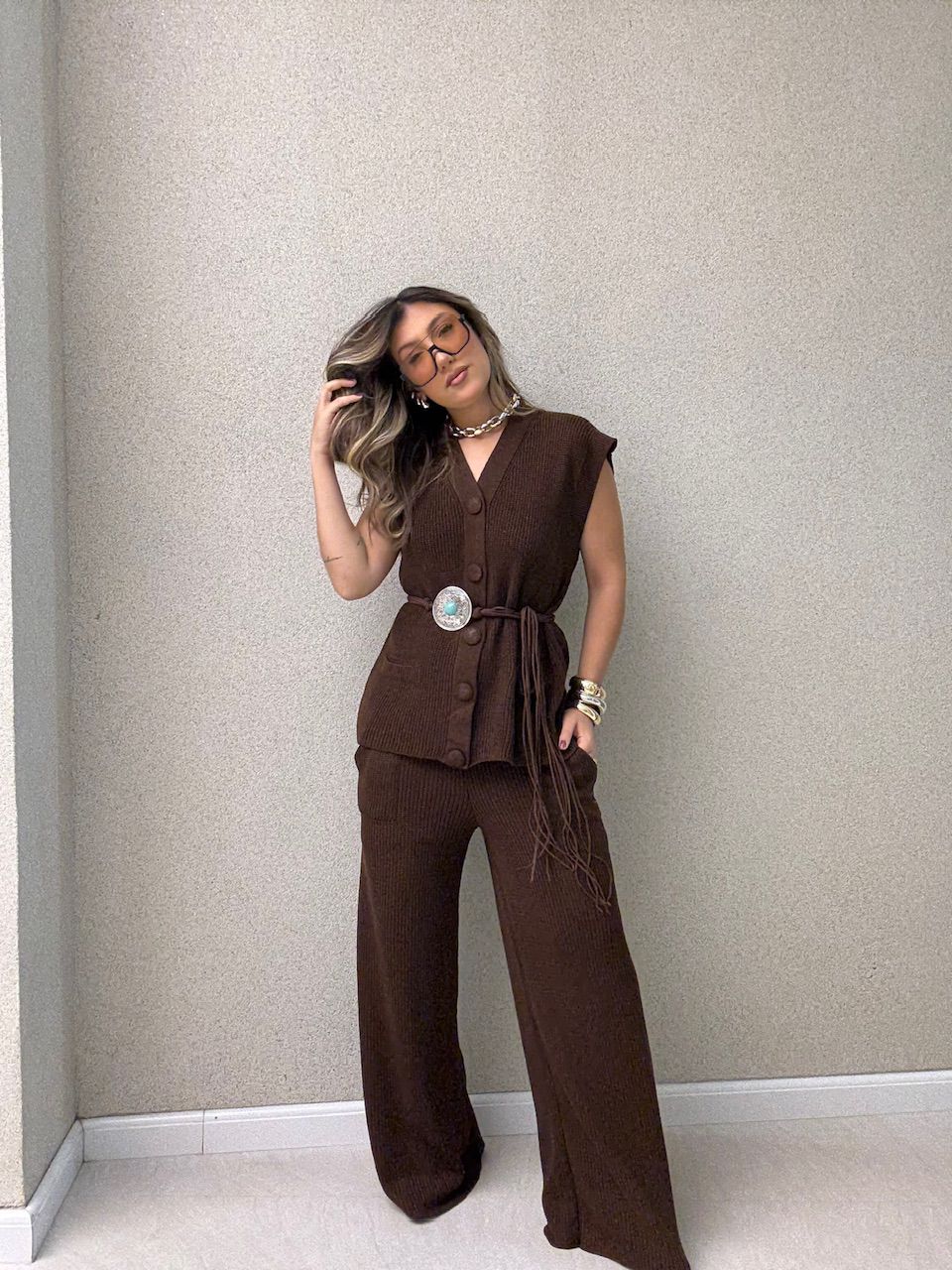 CONJUNTO TELMA Calça MARROM - 0064820054 - CAROLLA FERRARO