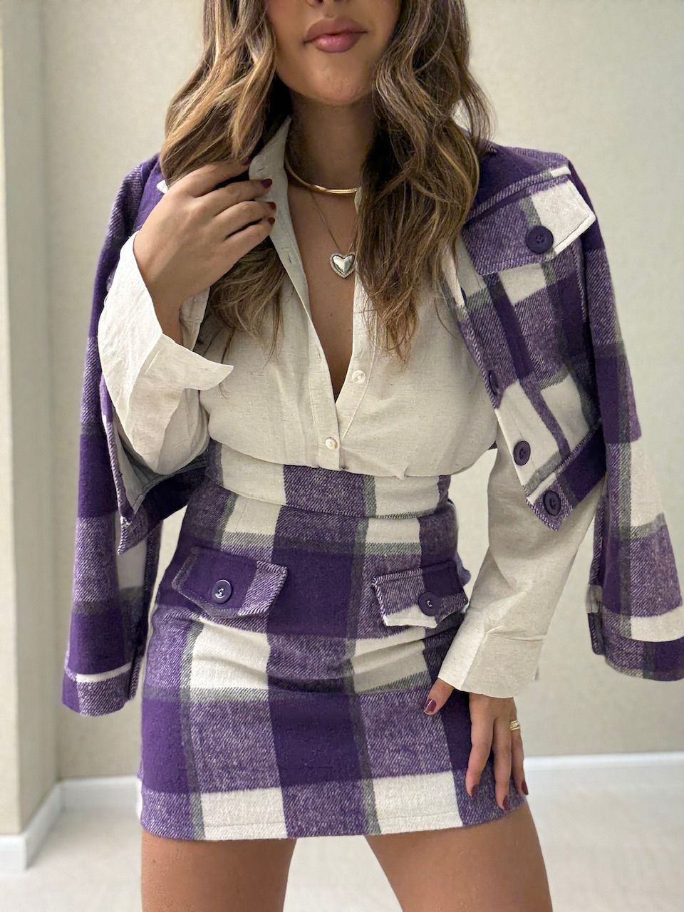 CONJUNTO CLEIDE XADREZ ROXO