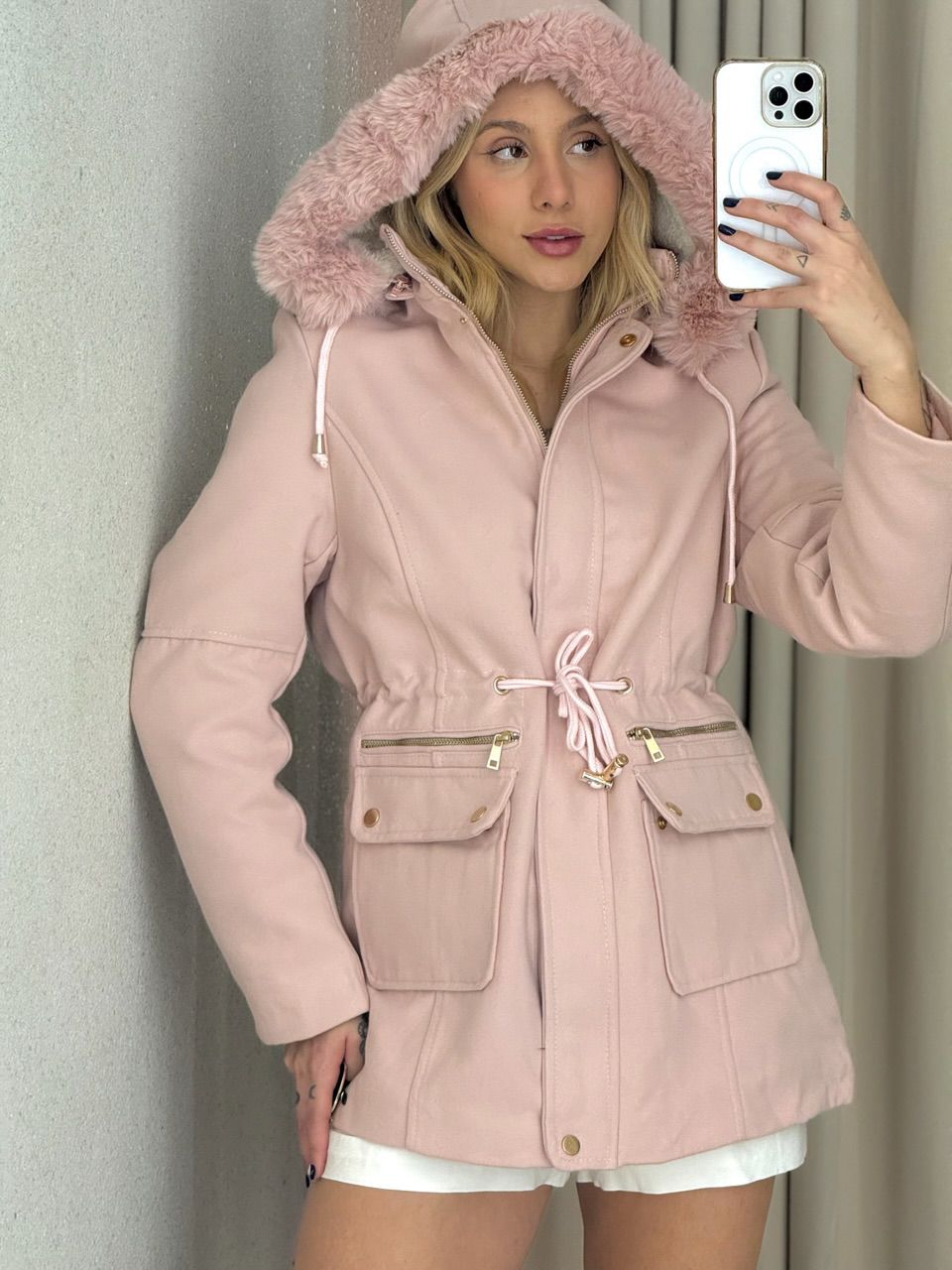 PARKA KARINA LÃ BATIDA ROSA CLARO