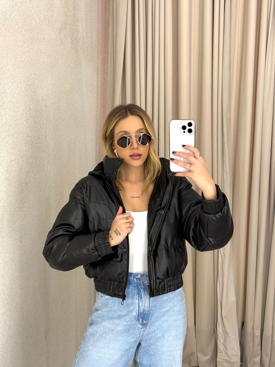 PUFFER AGATHA COURO FAKE PRETA