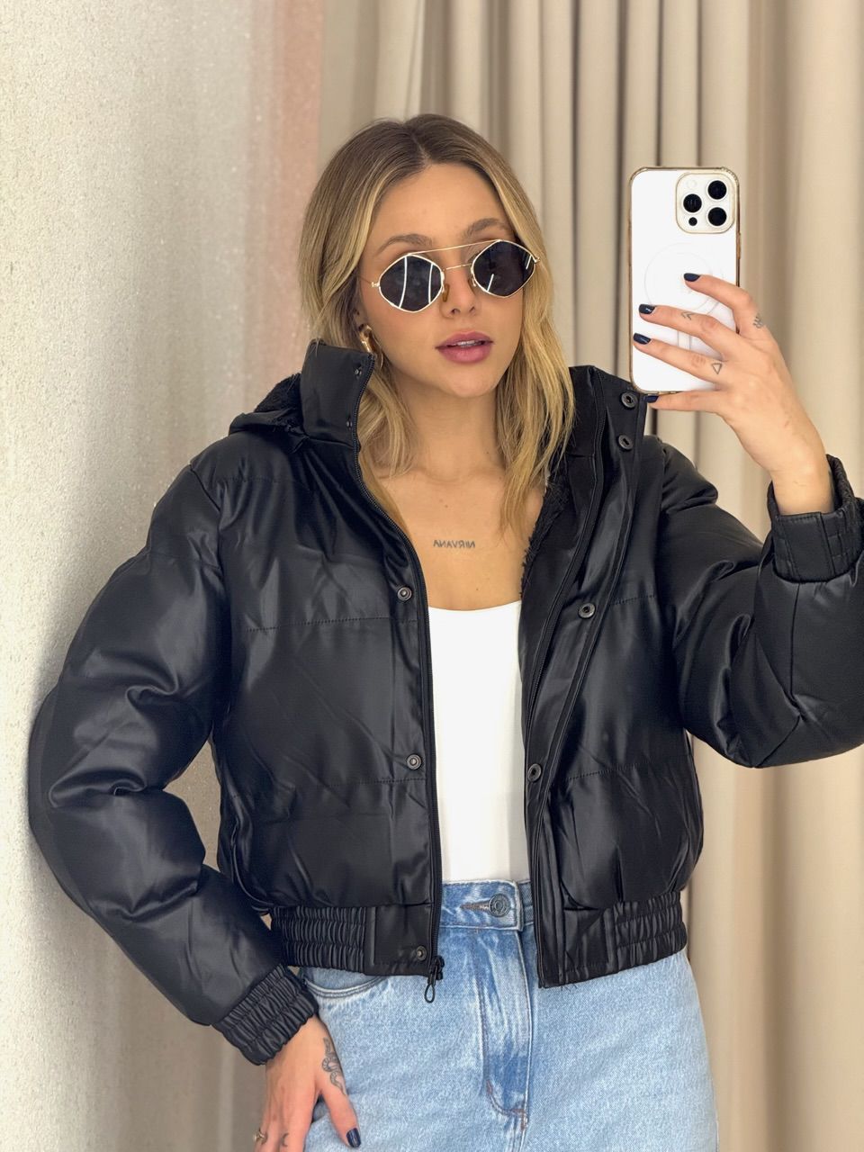 PUFFER AGATHA COURO FAKE PRETA