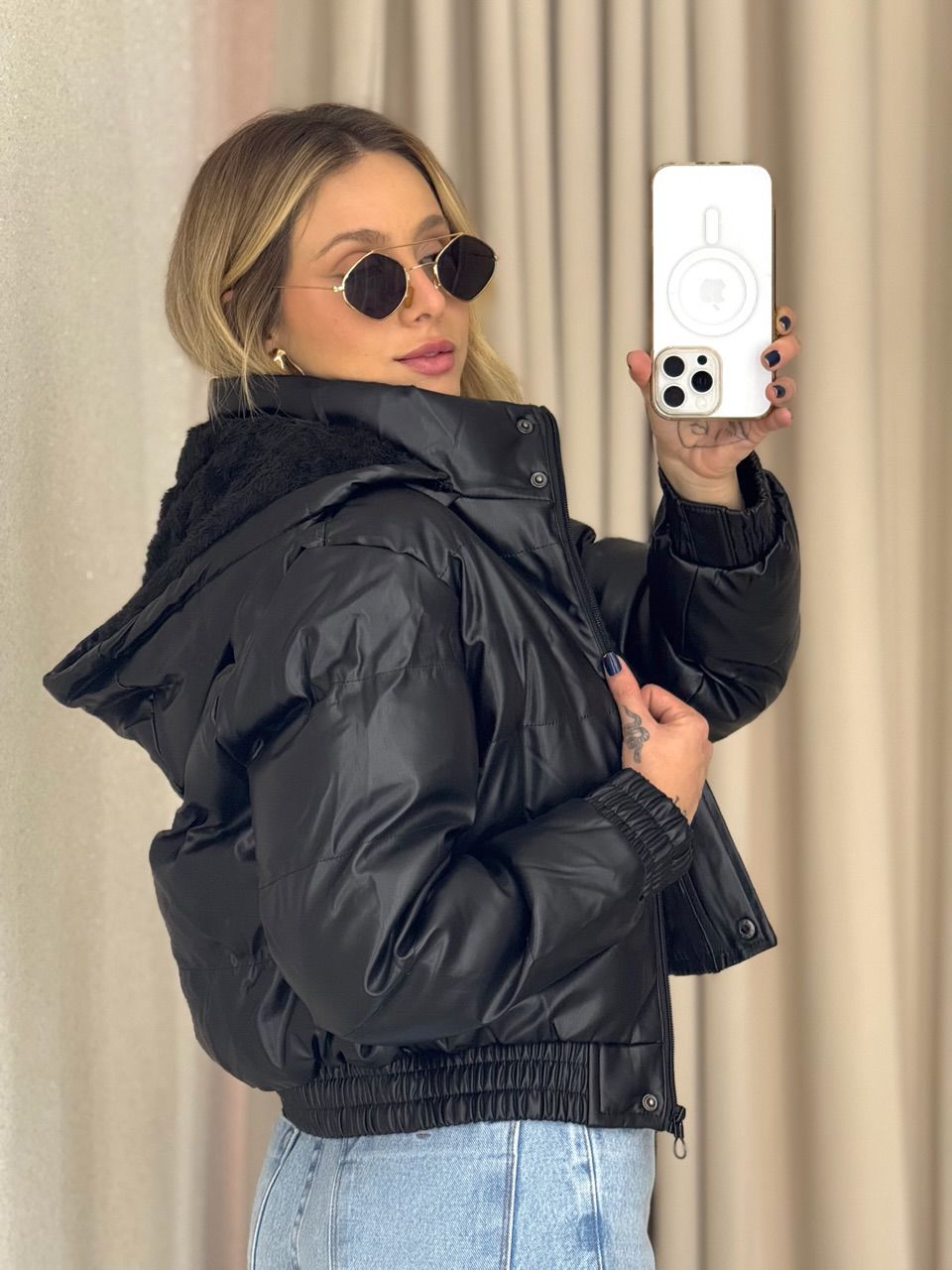 PUFFER AGATHA COURO FAKE PRETA