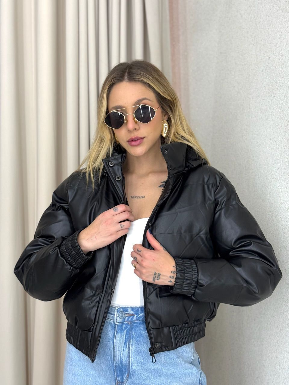 PUFFER AGATHA COURO FAKE PRETA - 0066250033 - CAROLLA FERRARO