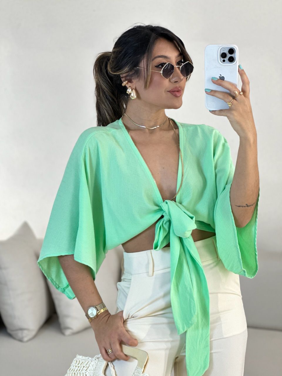 CROPPED FELÍCIA AMARRAÇÃO VERDE CLARO