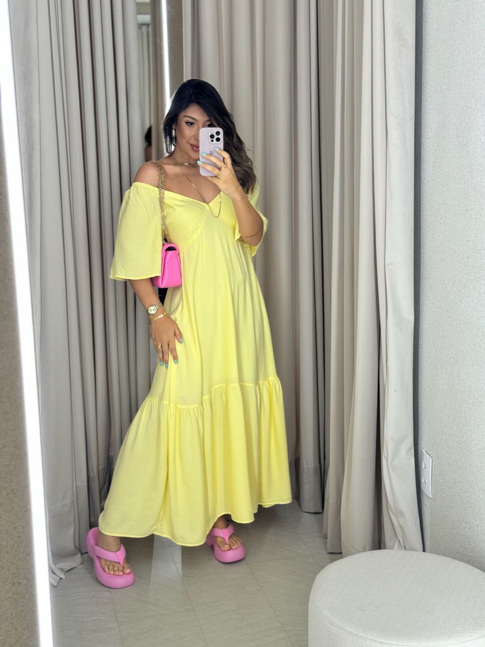 VESTIDO MANGA MIDI AMARELO