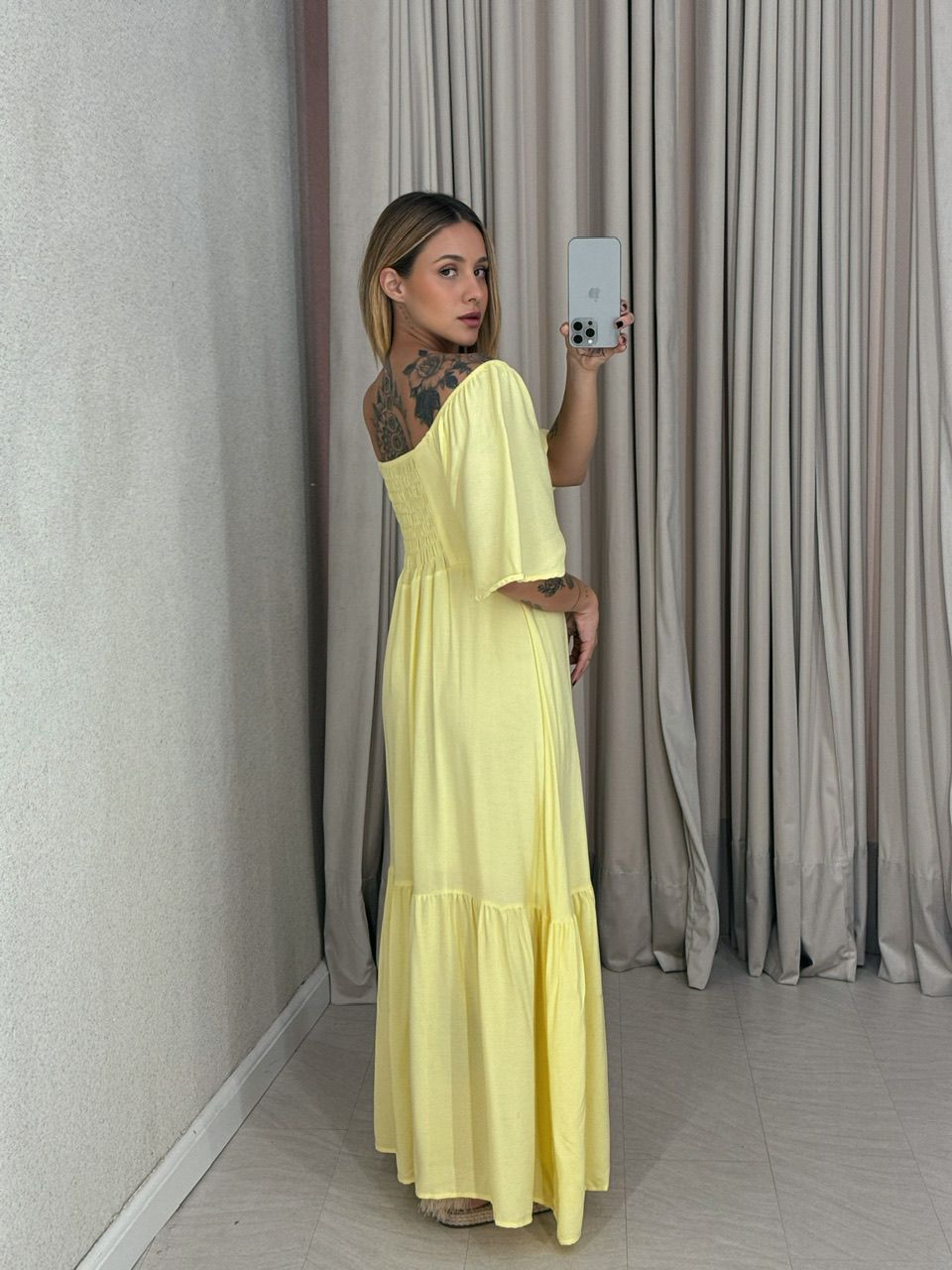 VESTIDO MANGA MIDI AMARELO