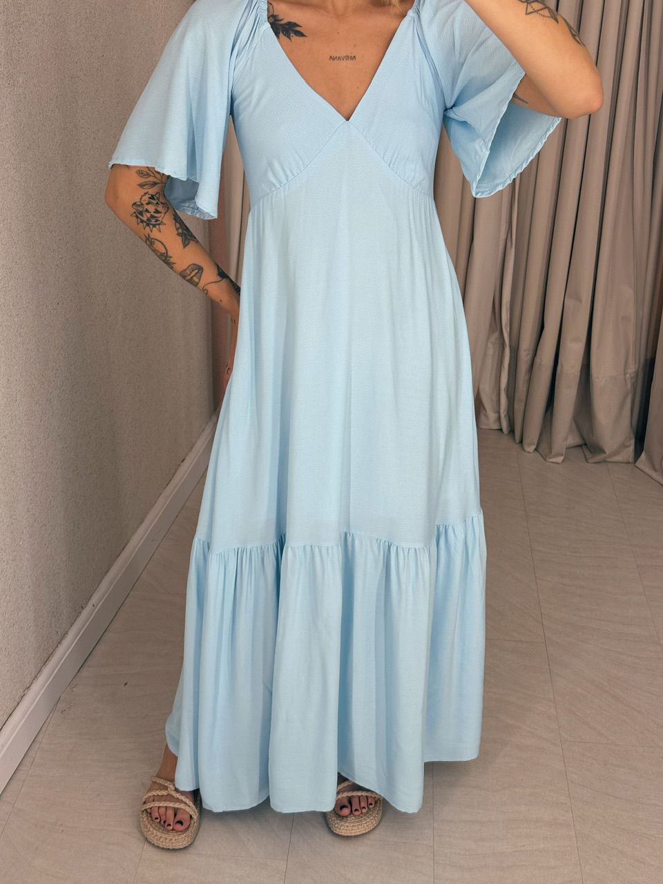 VESTIDO MANGA MIDI BABY BLUE