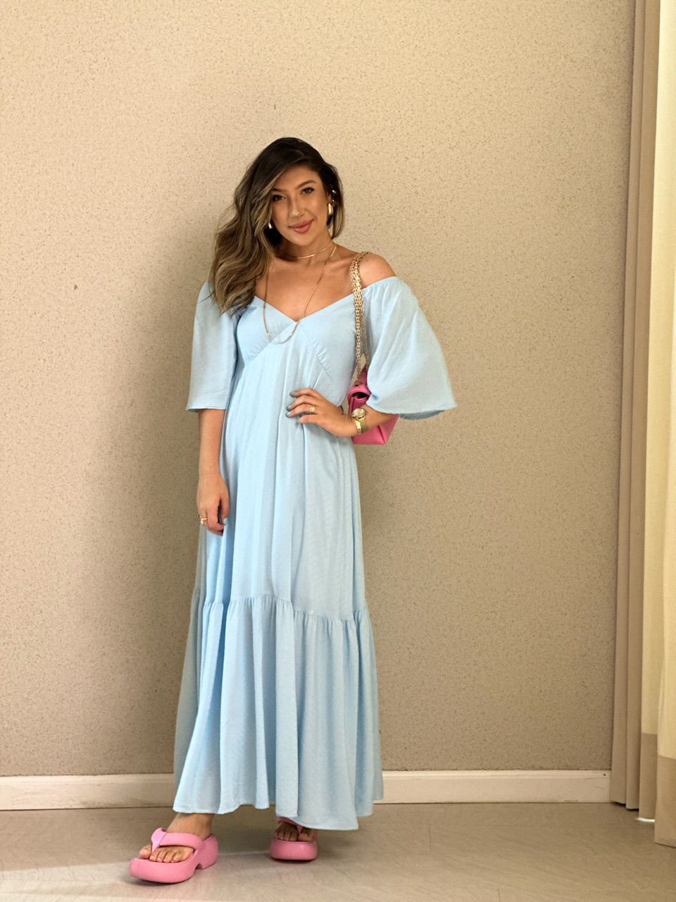 VESTIDO MANGA MIDI BABY BLUE
