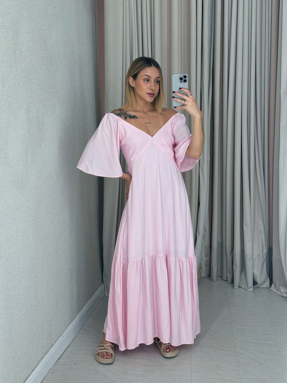 VESTIDO MANGA MIDI BABY PINK