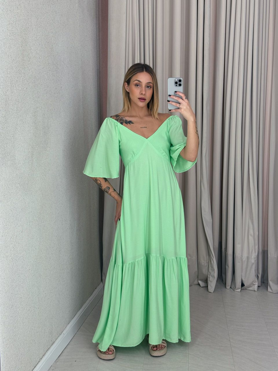VESTIDO MANGA MIDI Verde Claro