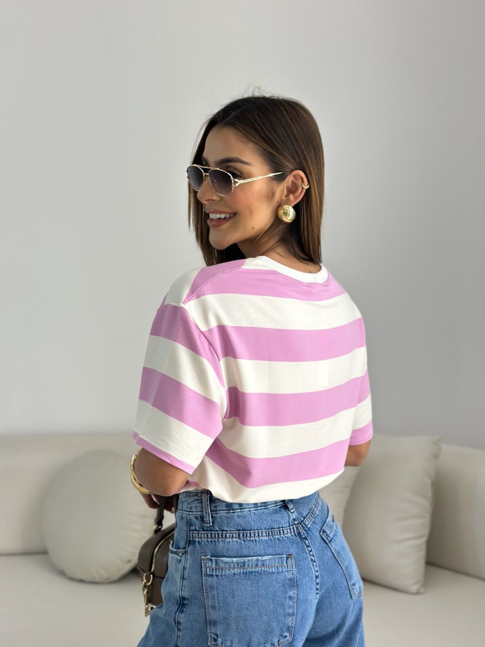 CAMISETÃO BARBÁRA LISTRADO ROSA