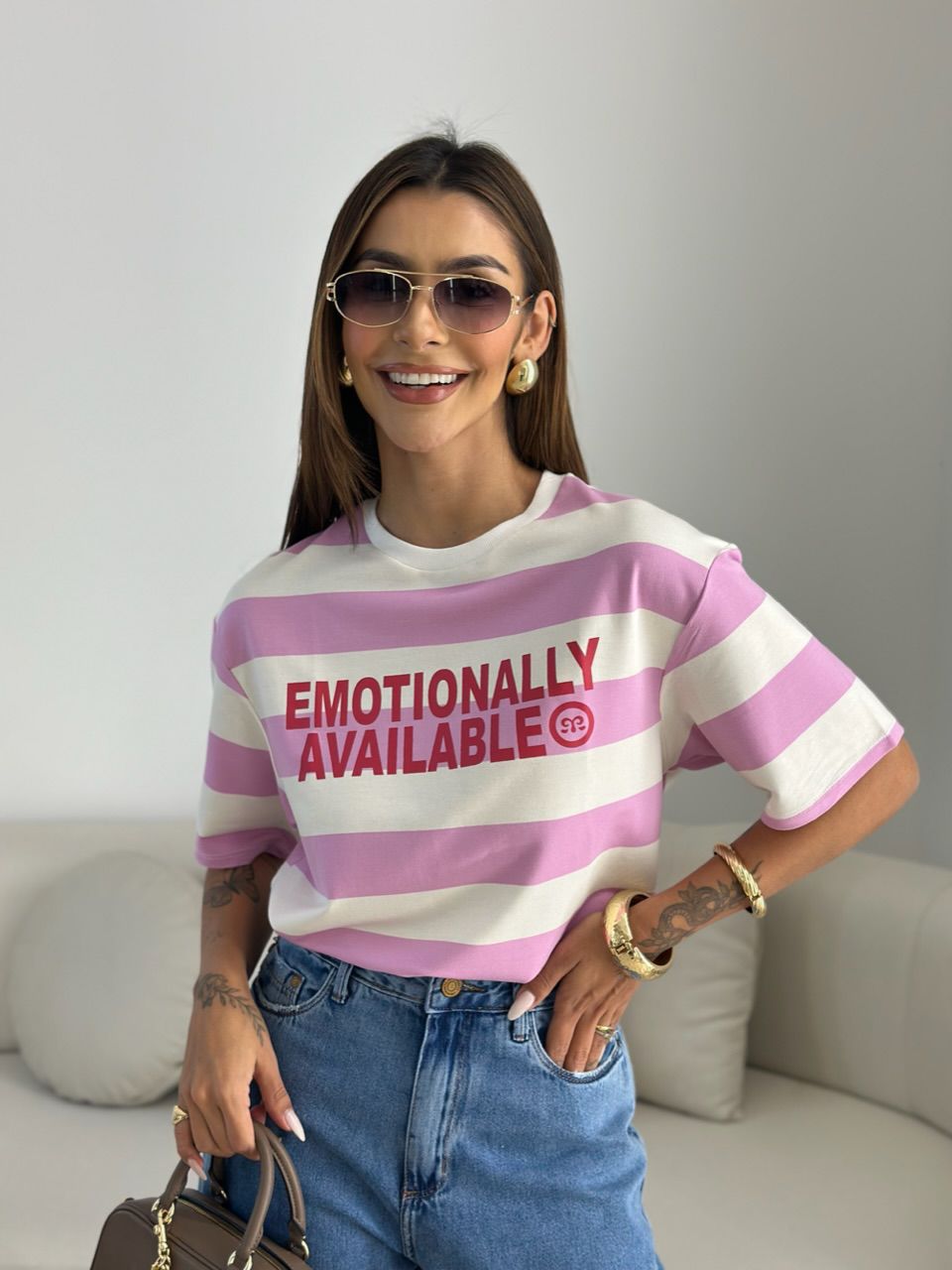 CAMISETÃO BARBÁRA LISTRADO ROSA - 0068240031 - CAROLLA FERRARO