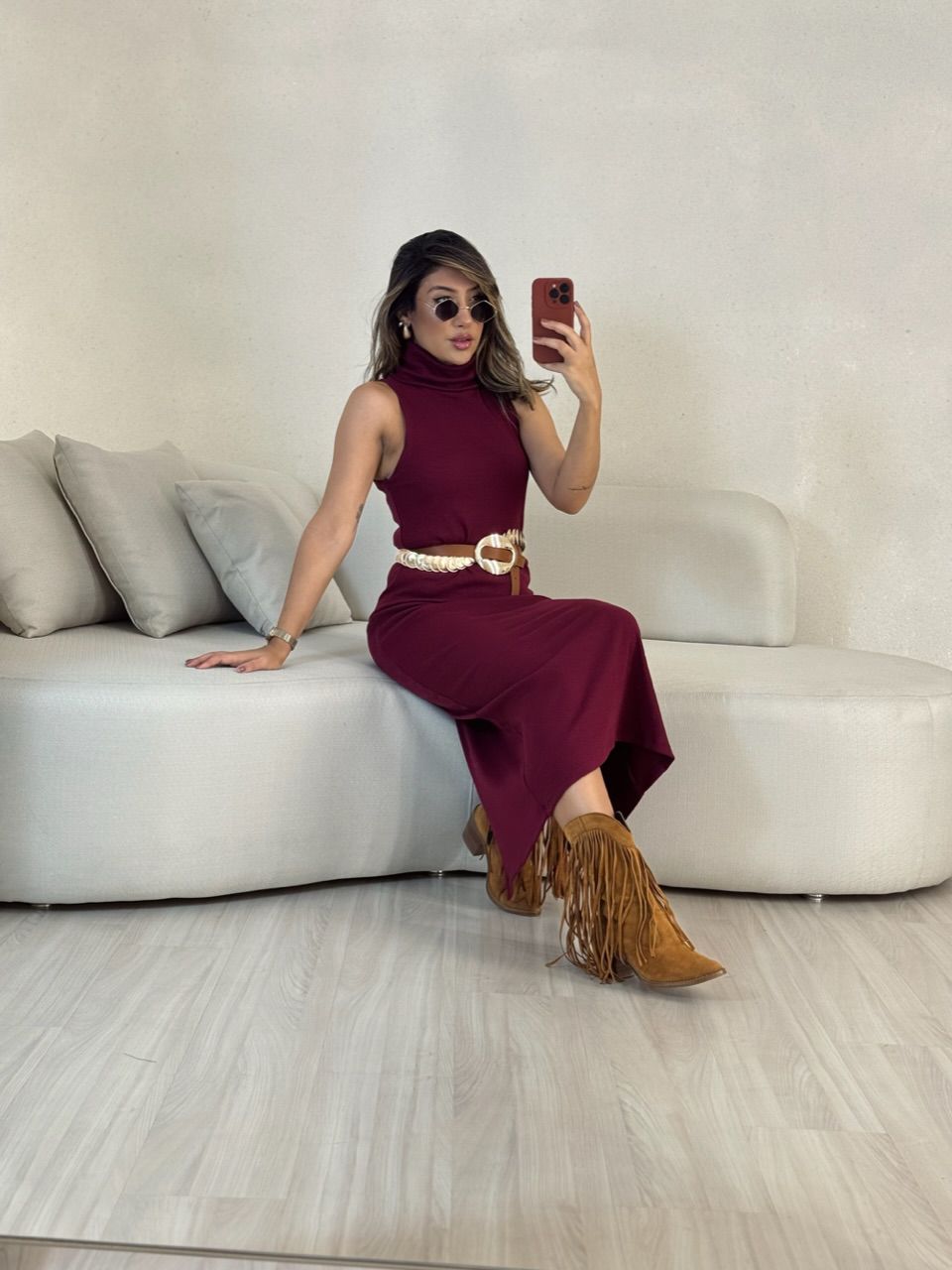 VESTIDO GOLA ALTA CANELADO CHERRY RED