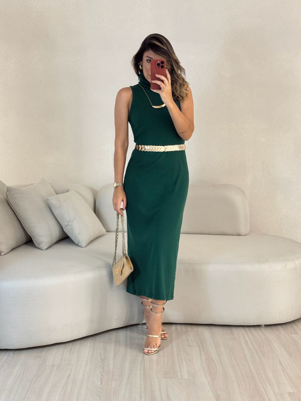 VESTIDO GOLA ALTA CANELADO VERDE - 0052560014 - CAROLLA FERRARO