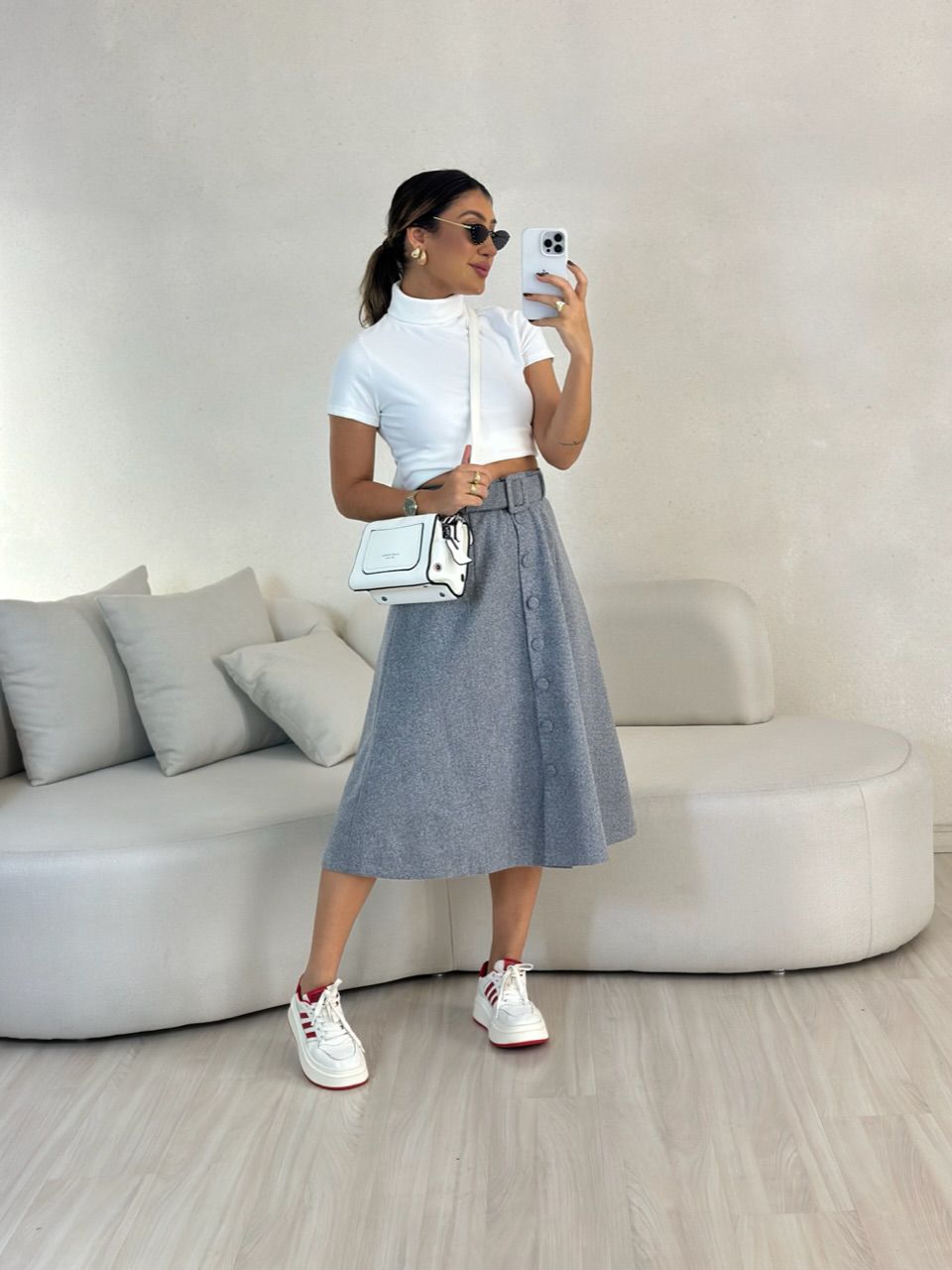 SAIA MIDI LÃ BATIDA CINZA - 0053590091 - CAROLLA FERRARO