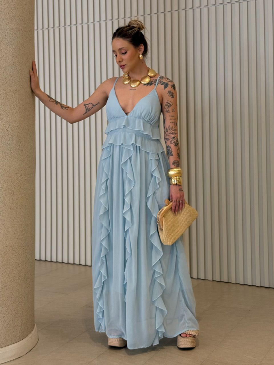 VESTIDO CORA BABADOS AZUL - 0068370109 - CAROLLA FERRARO