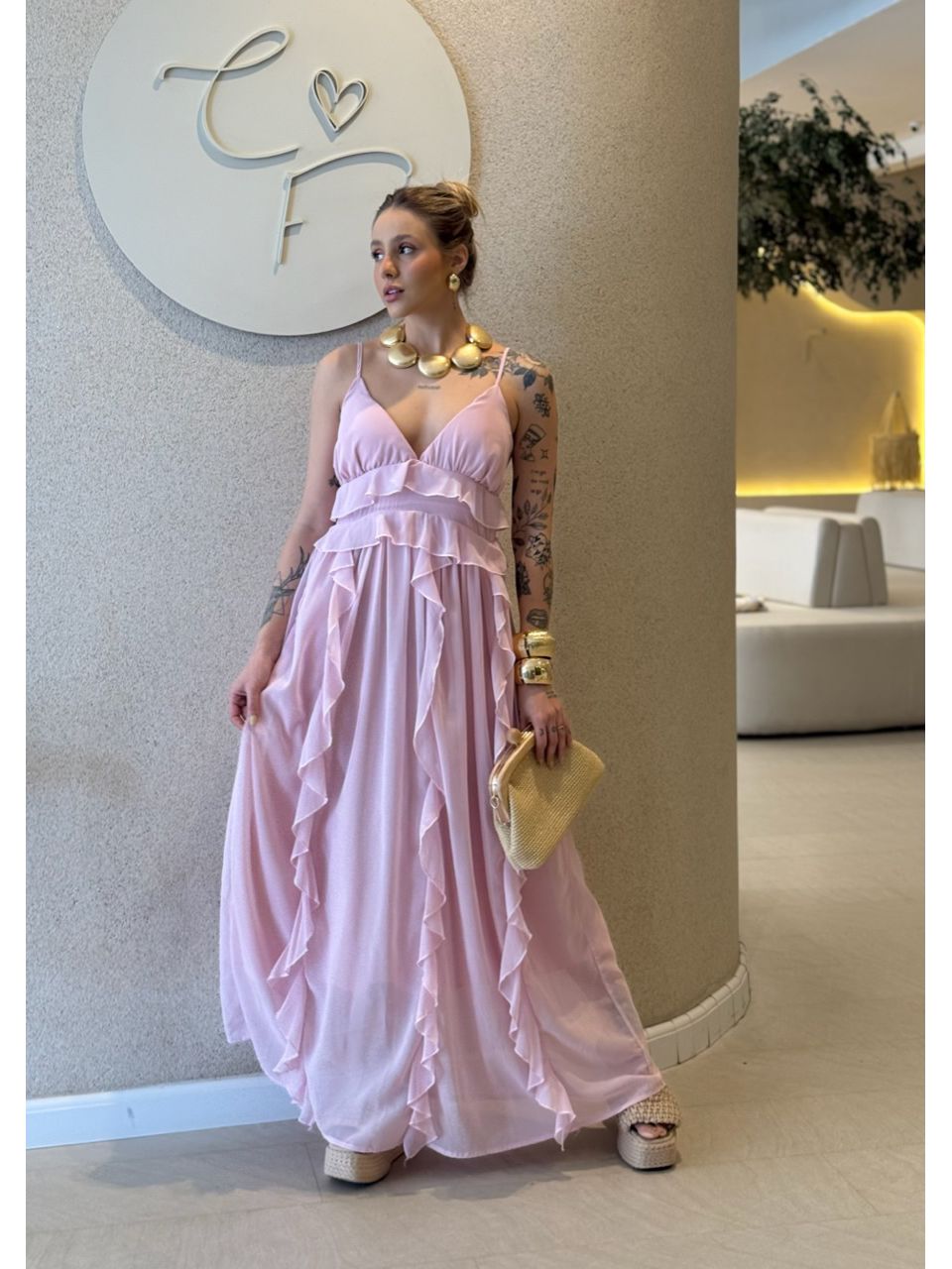 VESTIDO CORA BABADOS ROSA - 0068370031 - CAROLLA FERRARO