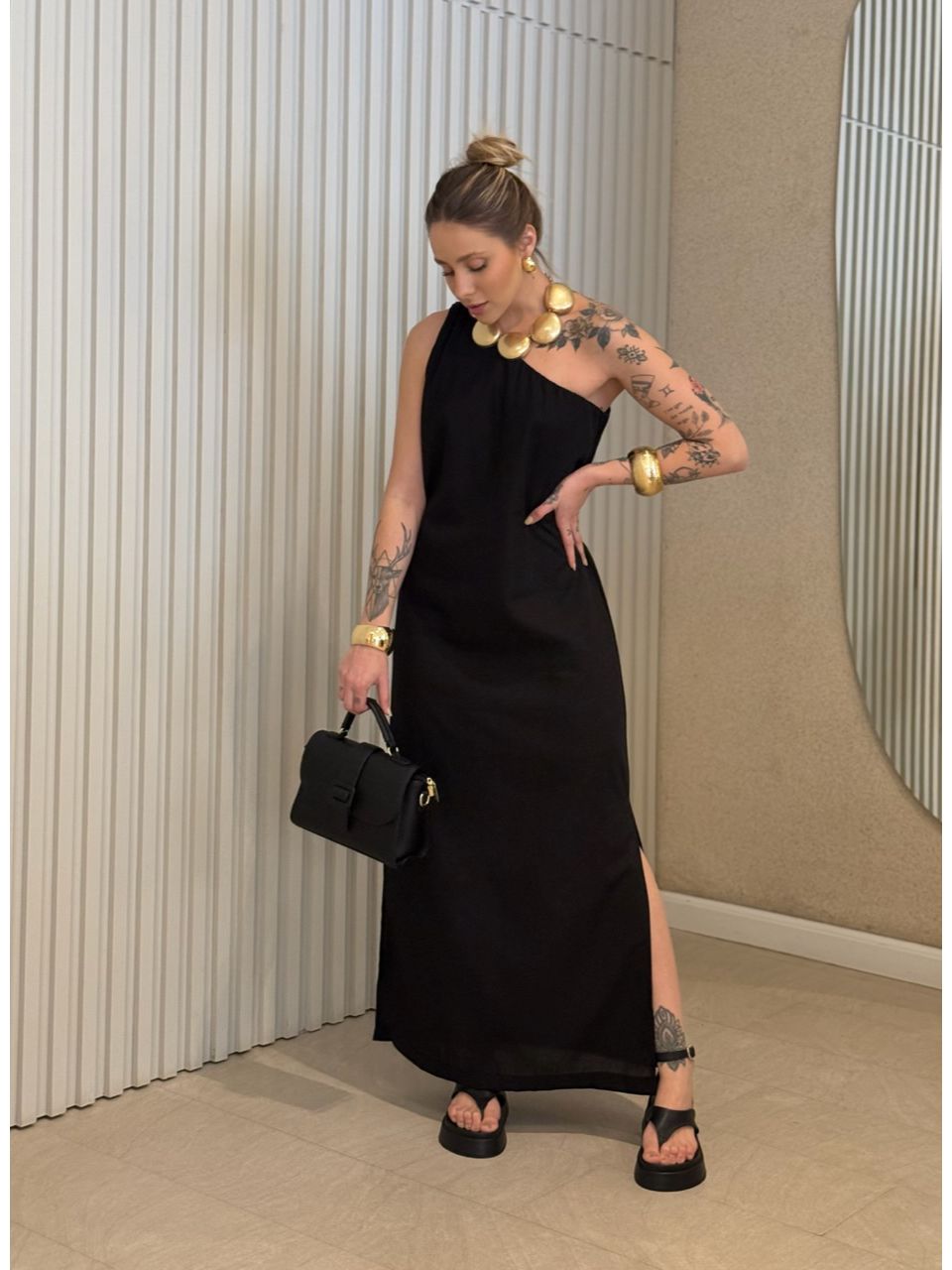 VESTIDO ROSANGELA NULA MANGA PRETO