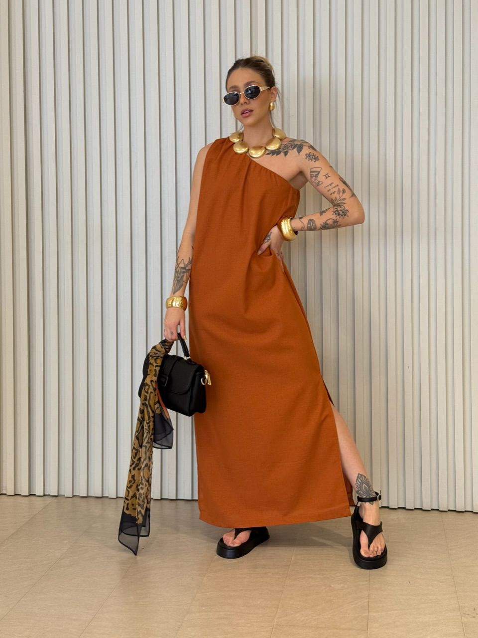 VESTIDO ROSANGELA NULA MANGA TELHA