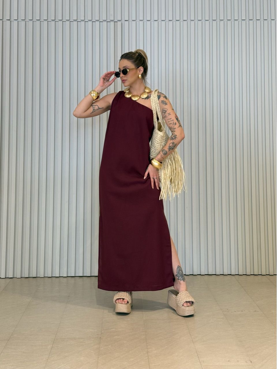 VESTIDO ROSANGELA NULA MANGA VINHO