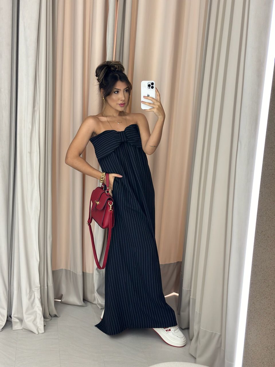 VESTIDO LAÇO RISCA DE GIZ PRETO