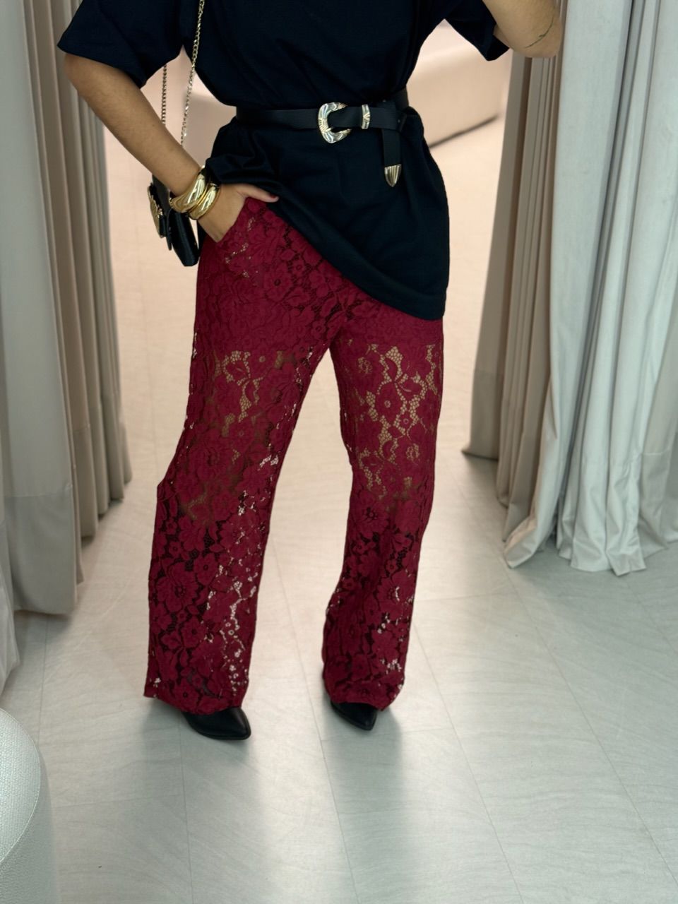 CALÇA RUTY RENDA VINHO