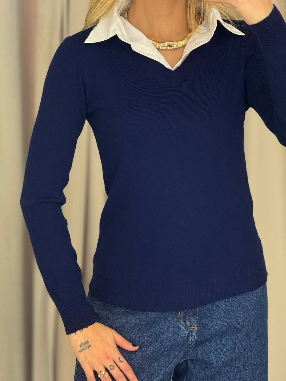 SUÉTER VIOLETA TRICOT GOLA MARINHO