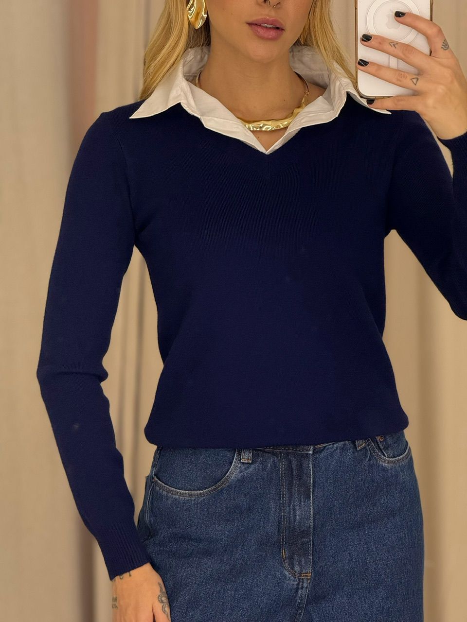 SUÉTER VIOLETA TRICOT GOLA MARINHO