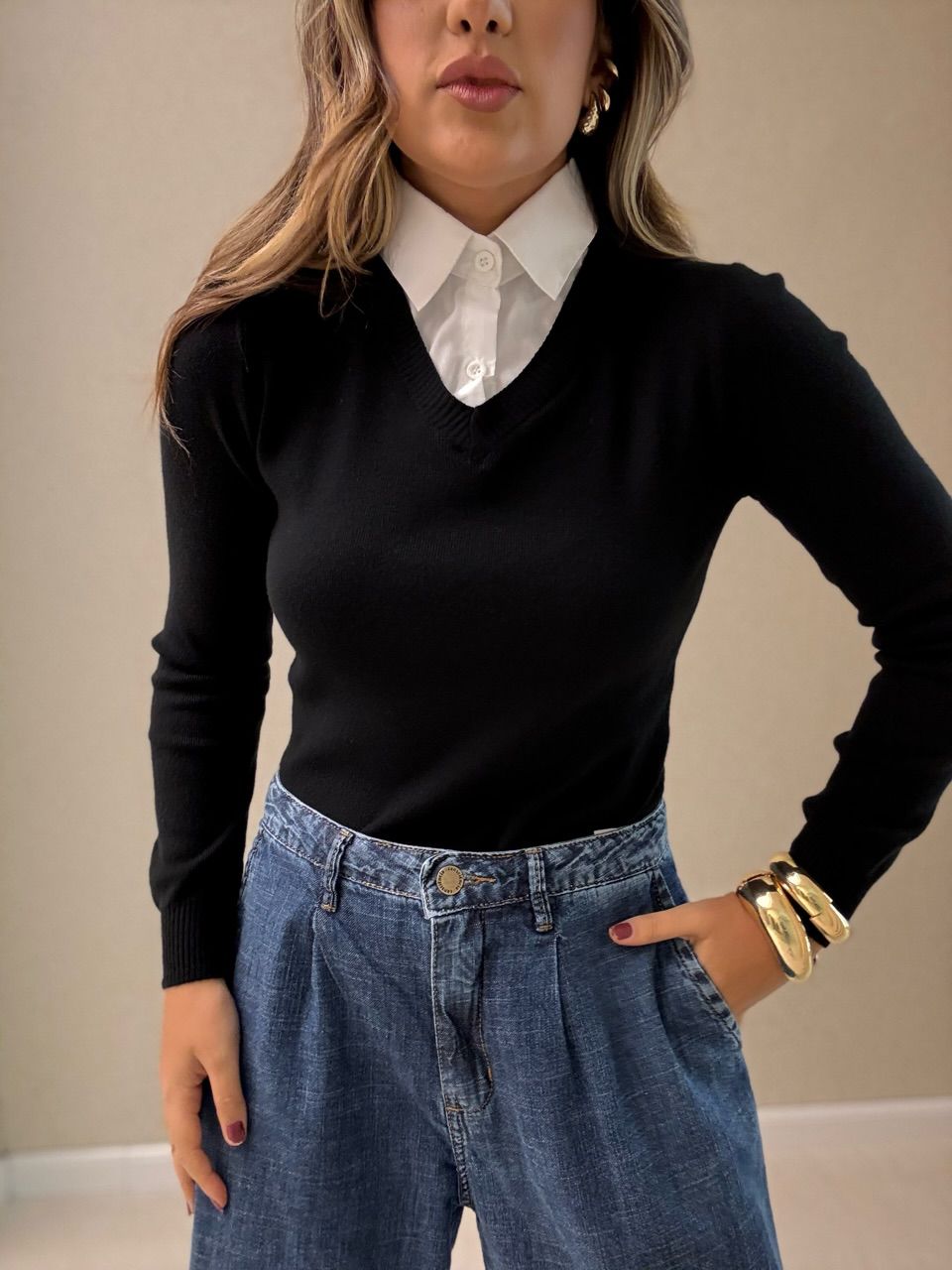 SUÉTER VIOLETA TRICOT GOLA PRETO