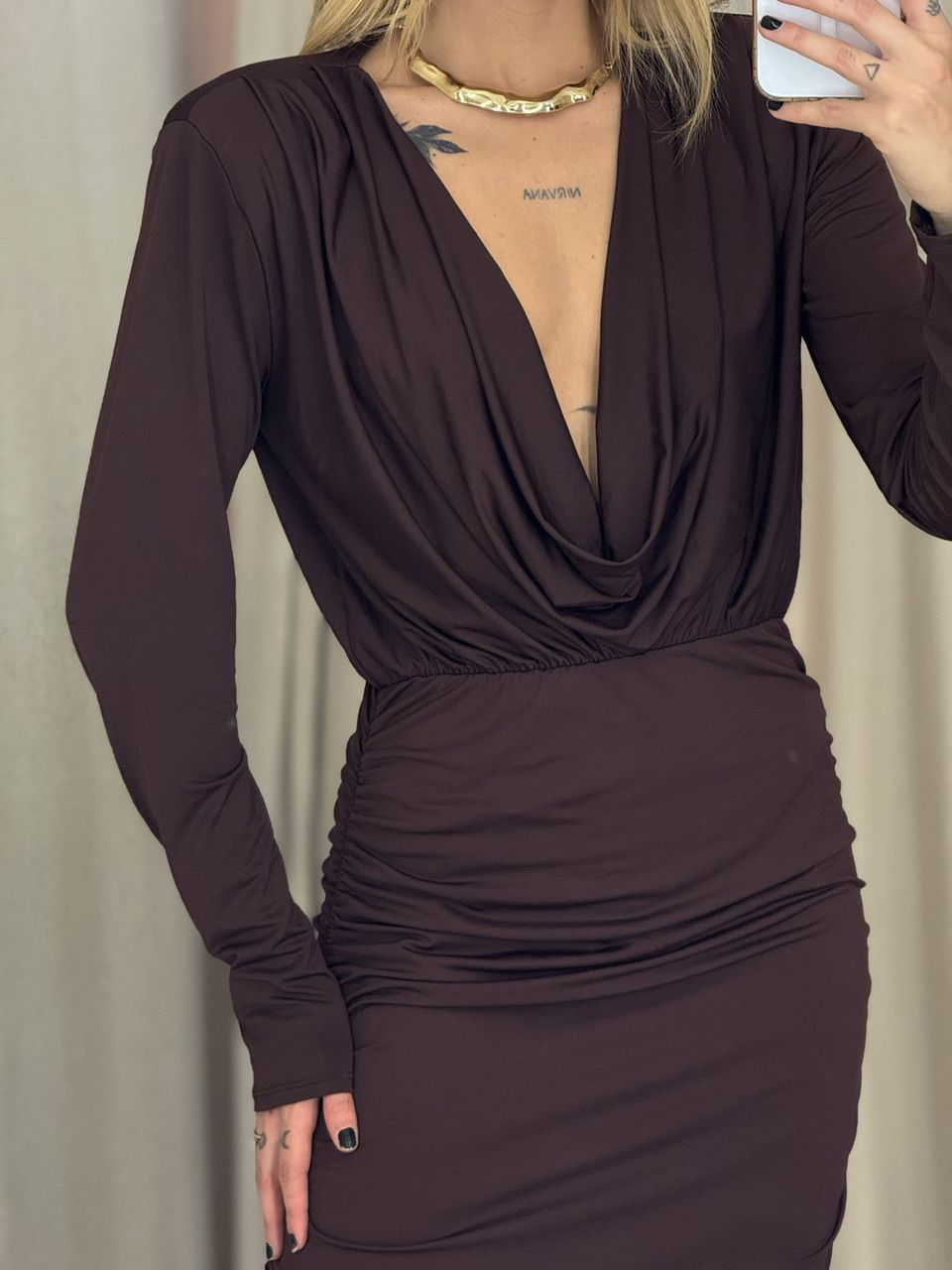 VESTIDO SUZY DRAPEADO MARROM