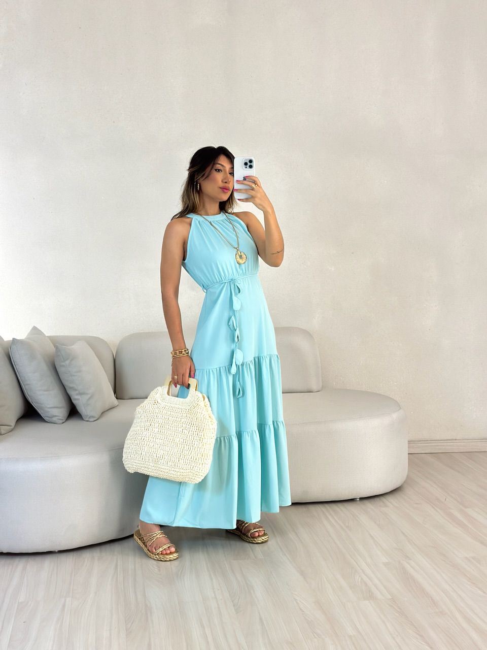 VESTIDO DAIANA LONGUETE VERDE AGUA