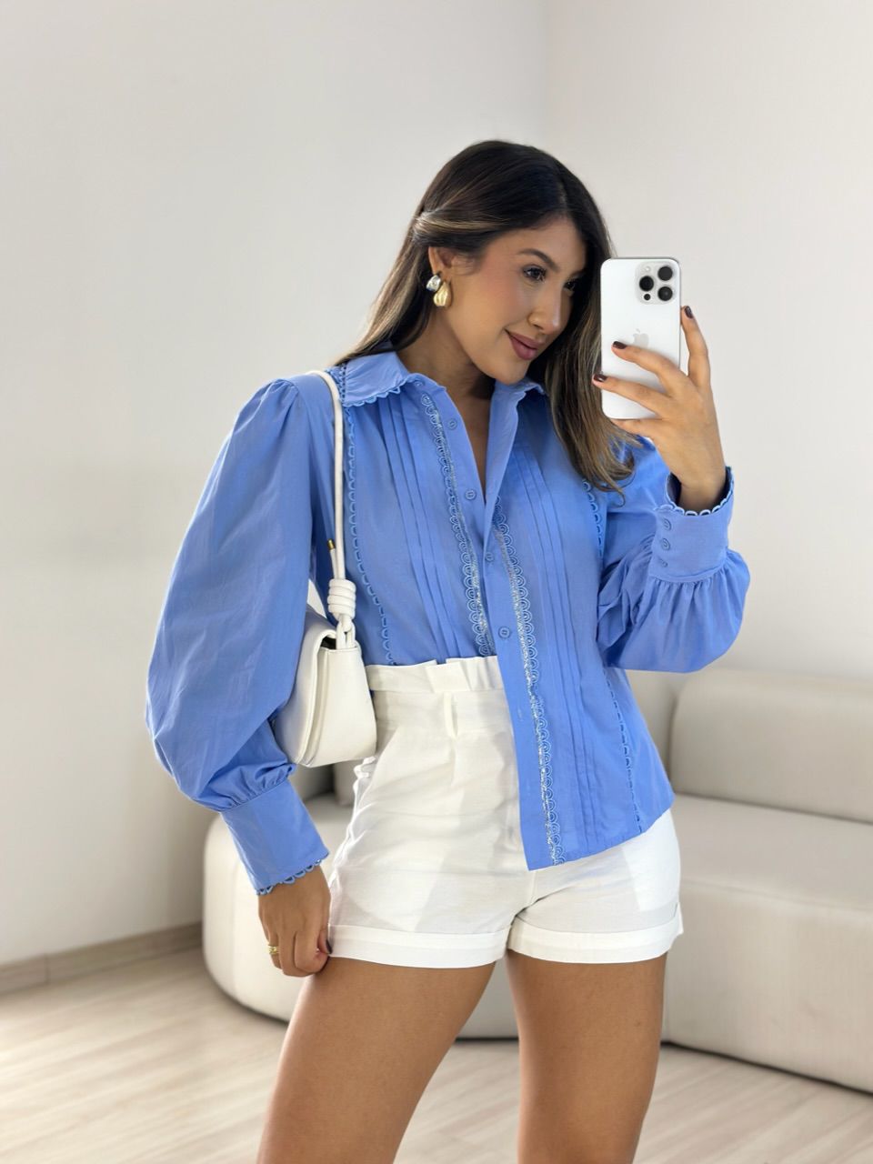 CAMISA GABI GUIPIR AZUL - 0066880109 - CAROLLA FERRARO