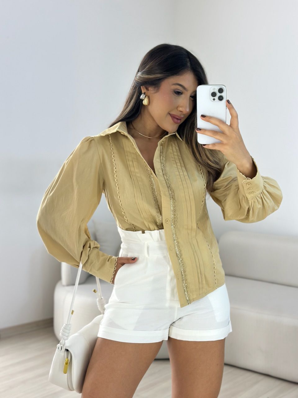 CAMISA GABI GUIPIR NUDE - 0066880049 - CAROLLA FERRARO