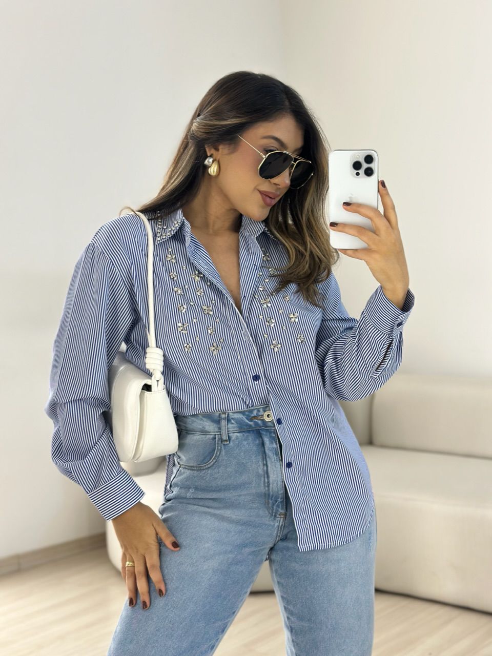 CAMISA JOICE BORDADA AZUL - 0066870109 - CAROLLA FERRARO