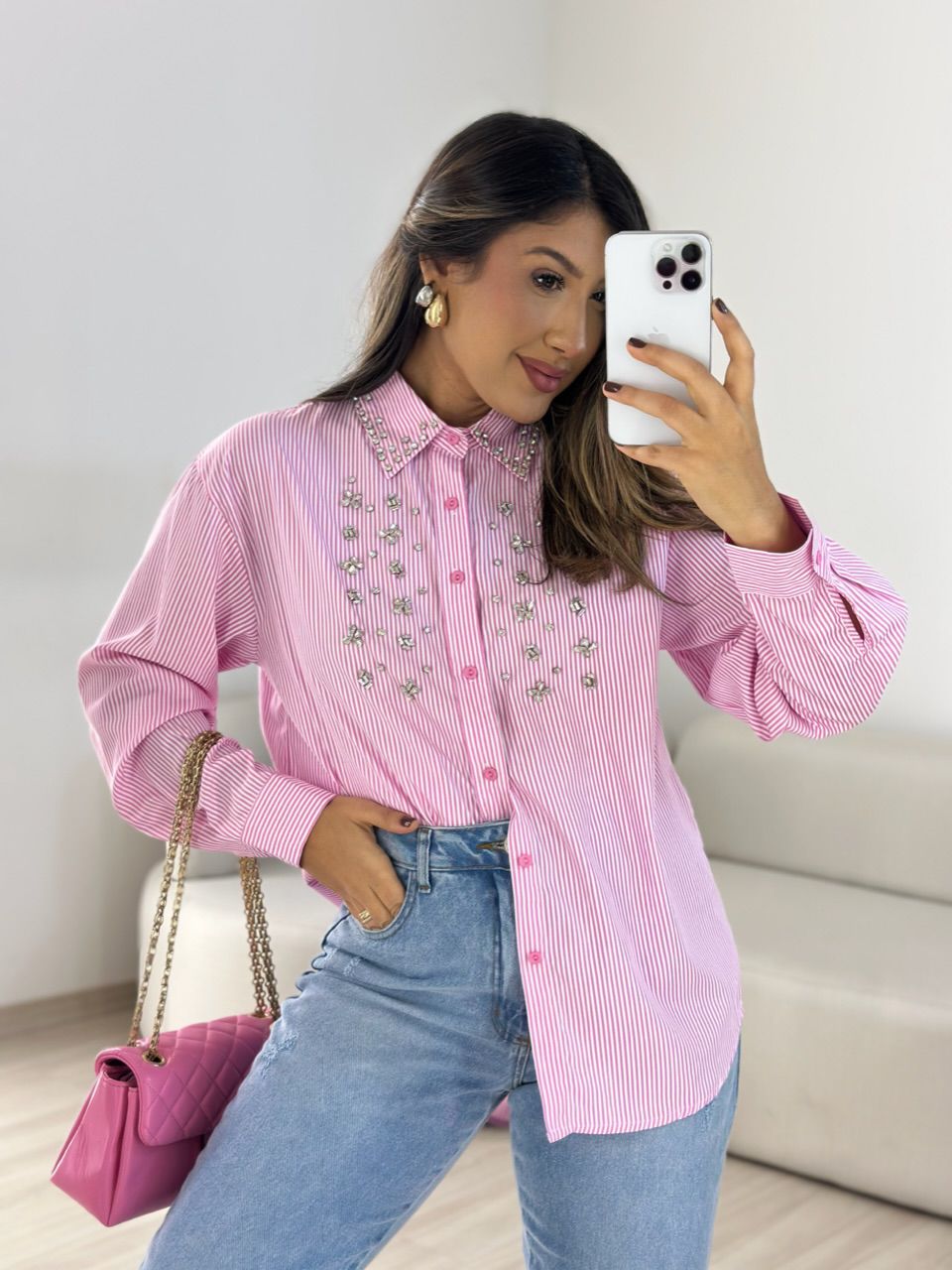 CAMISA JOICE BORDADA ROSA - 0066870031 - CAROLLA FERRARO