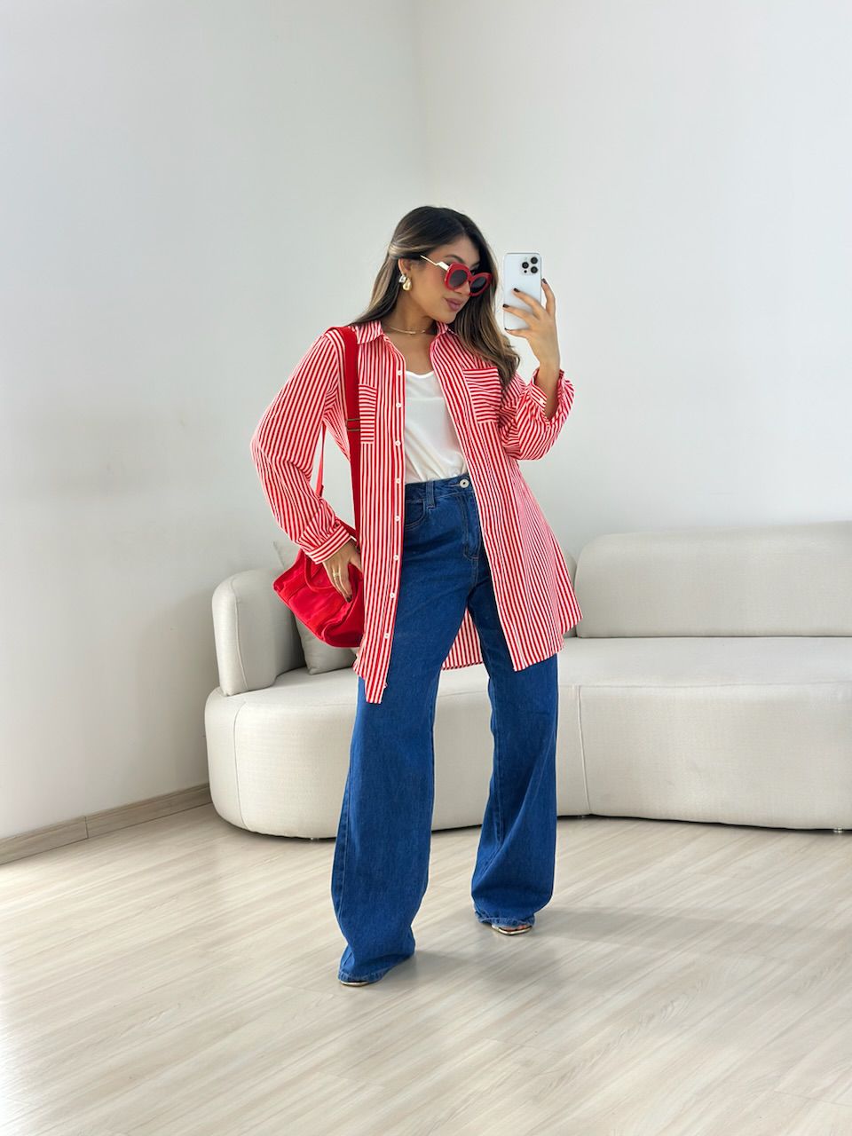 CHEMISE ROSE LISTRADA VERMELHA - 0066900007 - CAROLLA FERRARO