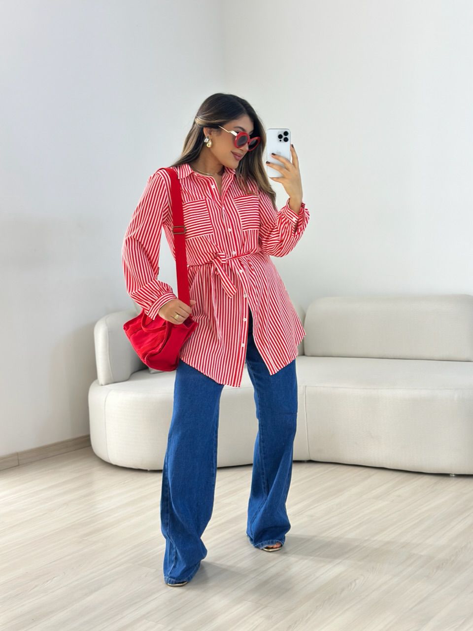 CHEMISE ROSE LISTRADA VERMELHA