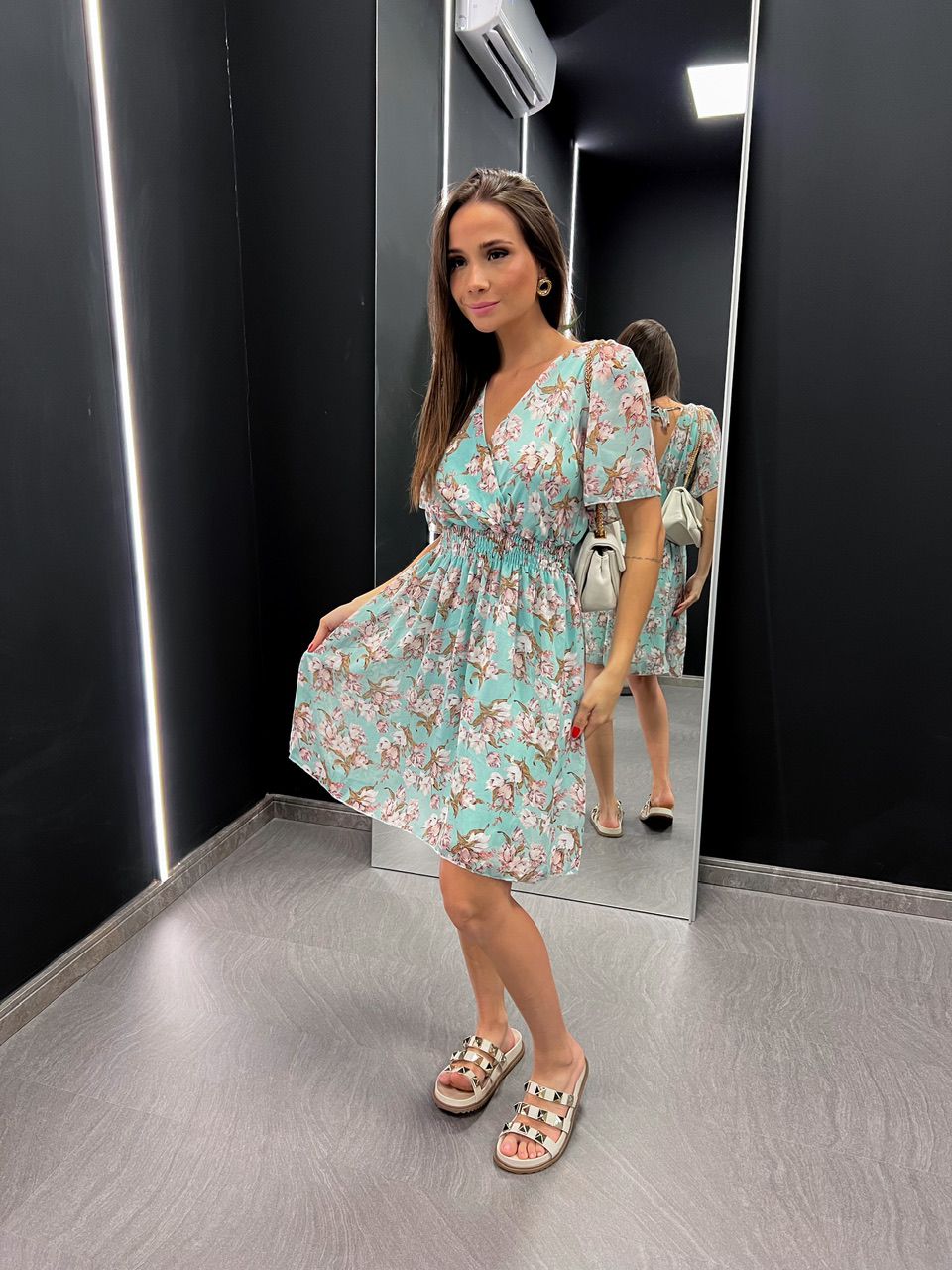 VESTIDO FLORES CURTO LASTEX AZUL