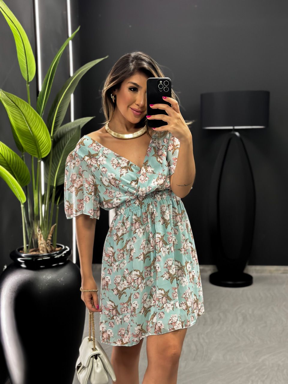 VESTIDO FLORES CURTO LASTEX AZUL