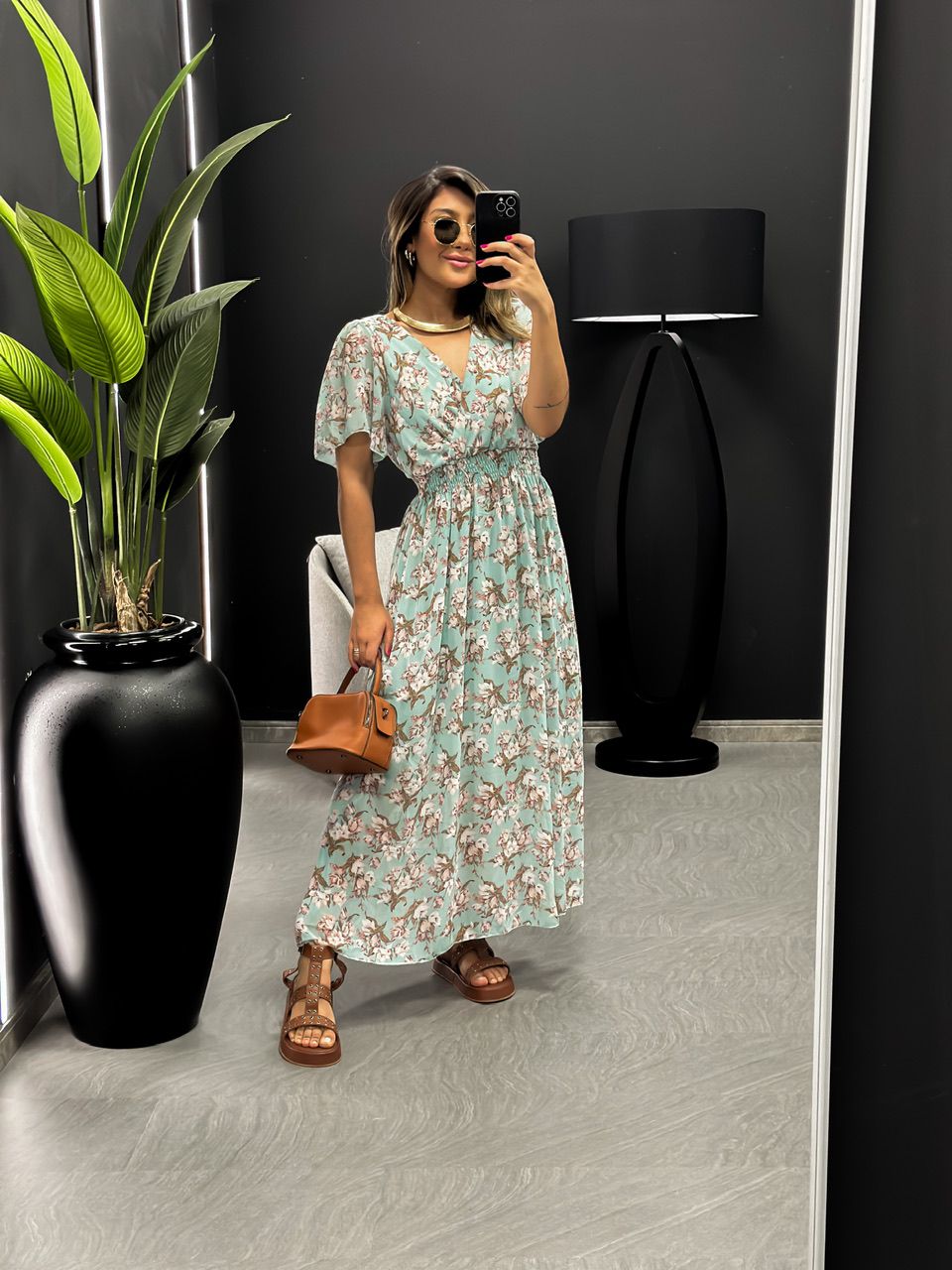 VESTIDO FLORES LONGO LASTEX AZUL - 0044870109 - CAROLLA FERRARO