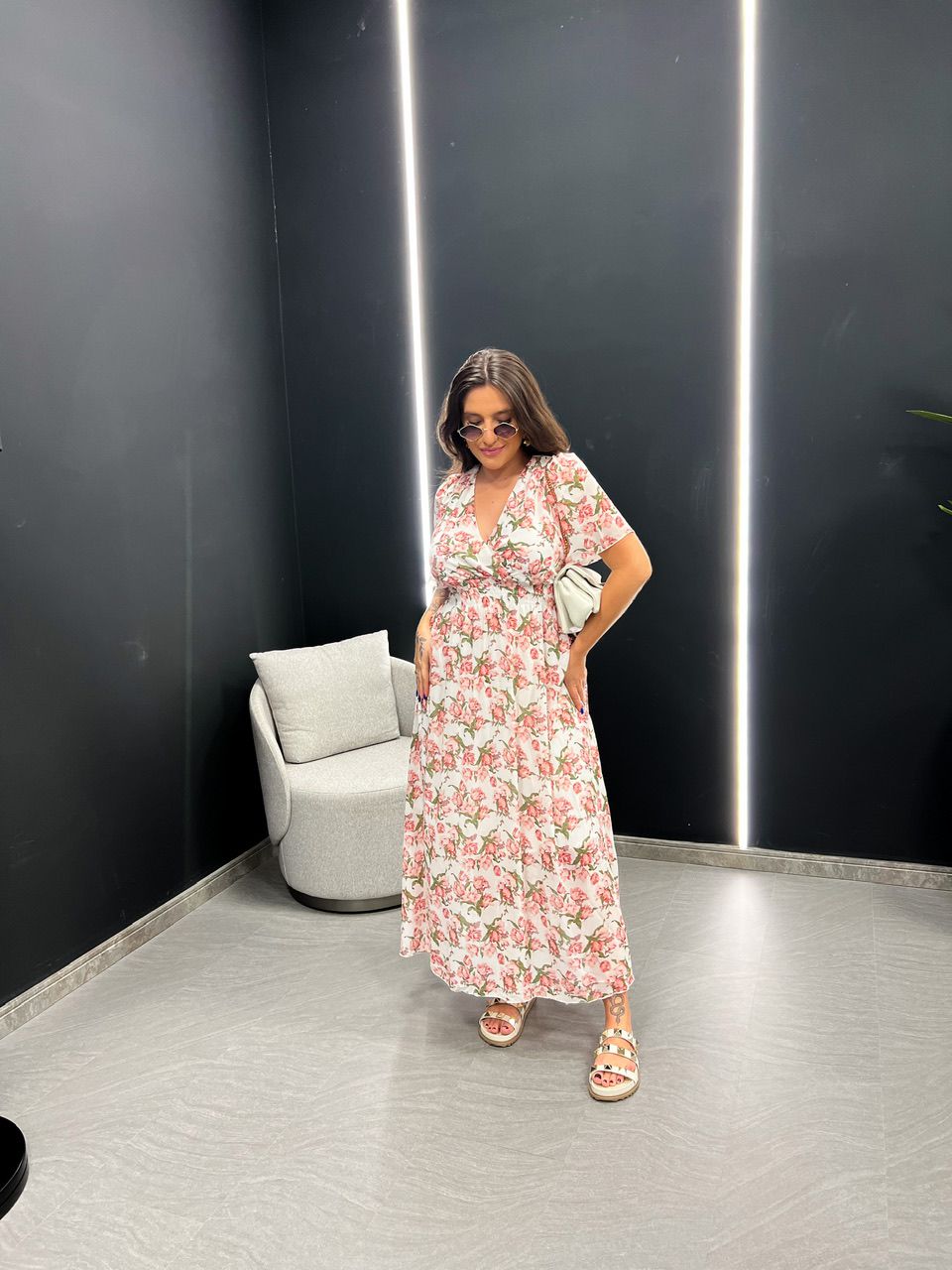 VESTIDO FLORES LONGO LASTEX OFF