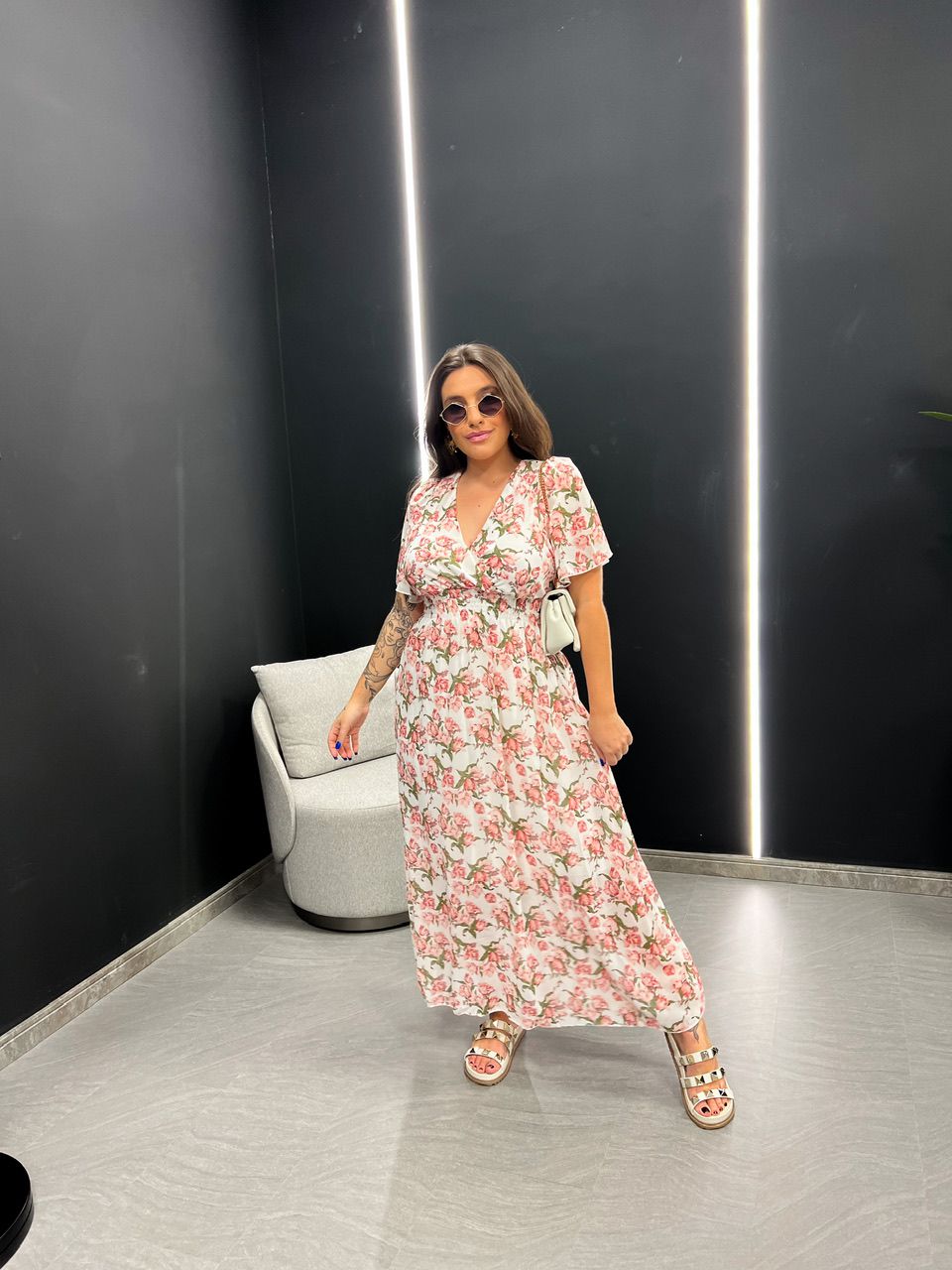 VESTIDO FLORES LONGO LASTEX OFF