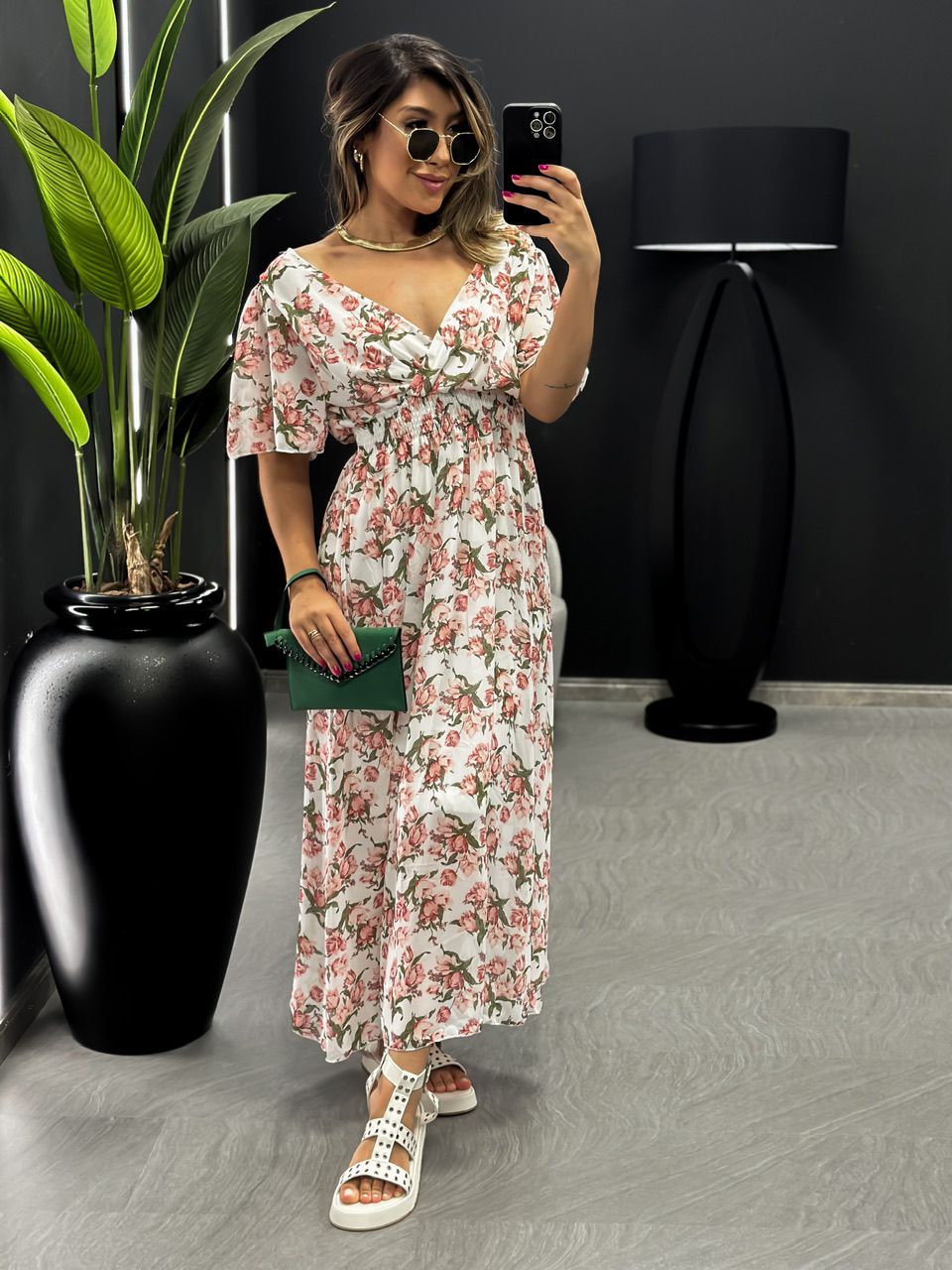 VESTIDO FLORES LONGO LASTEX OFF - 0044870048 - CAROLLA FERRARO