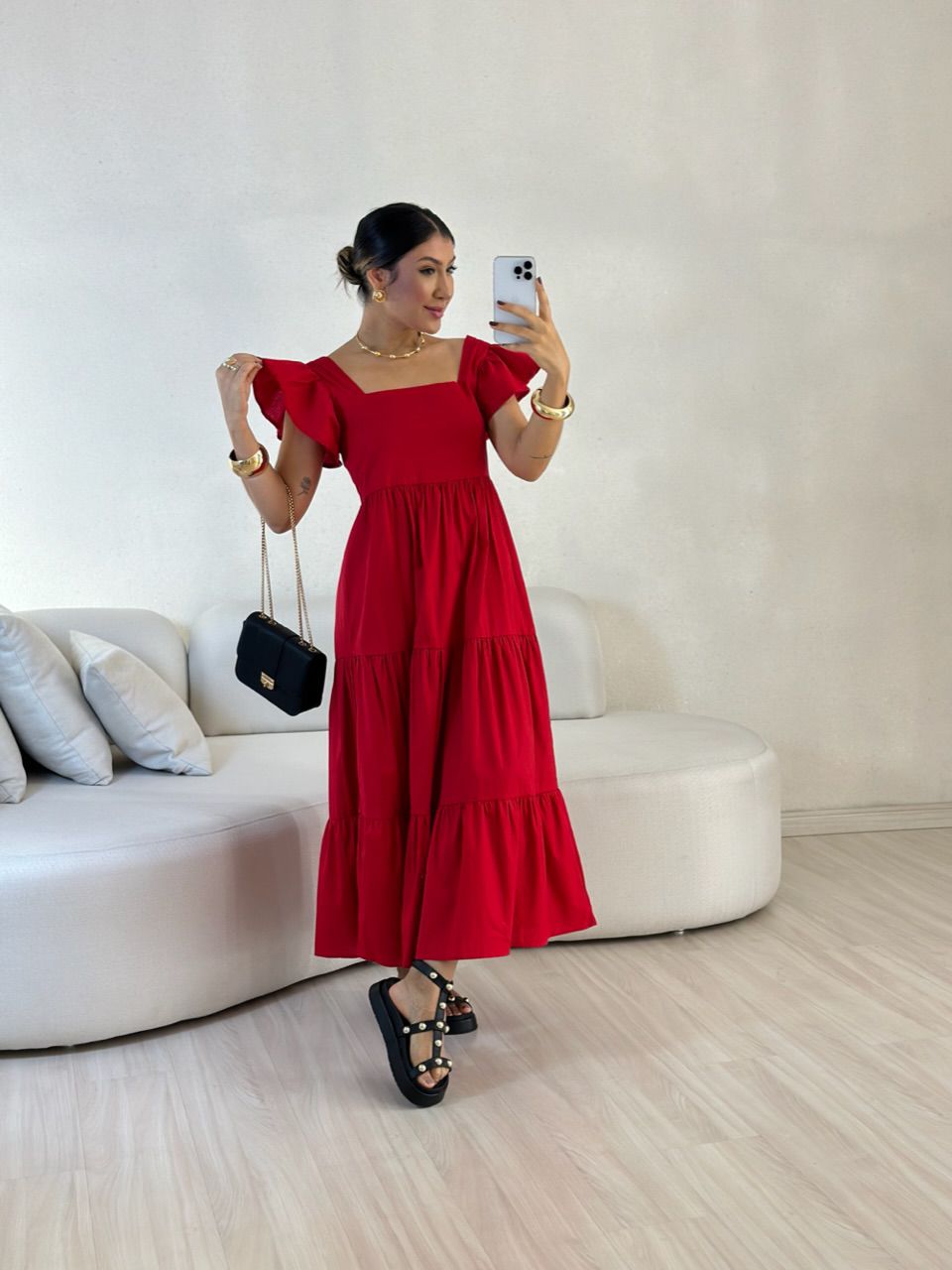 VESTIDO VILMA babados vermelho - 0057980006 - CAROLLA FERRARO