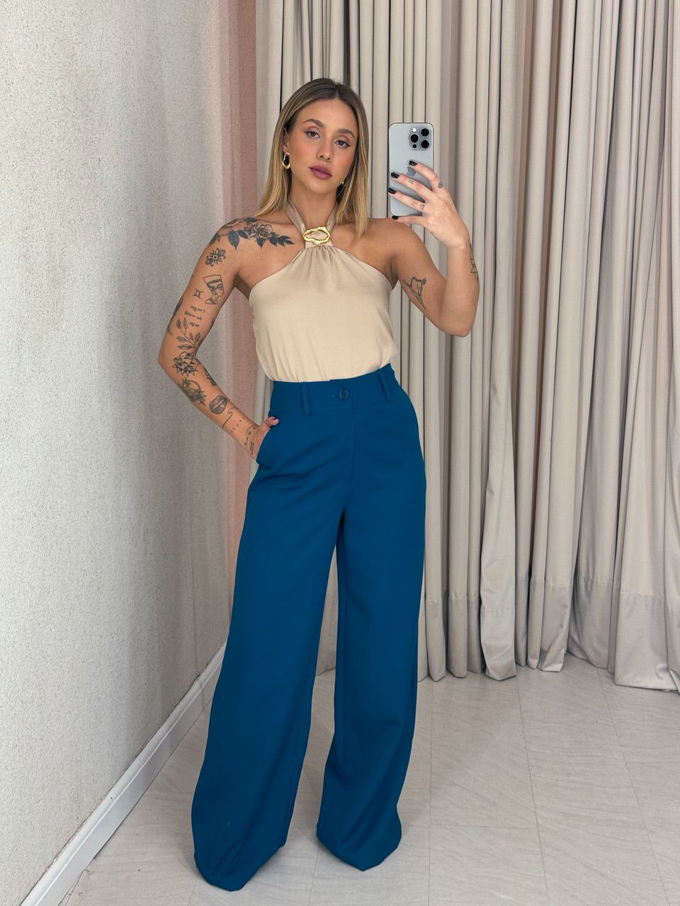 CALÇA MARIA EDUARDA PANTALONA Azul Petróleo